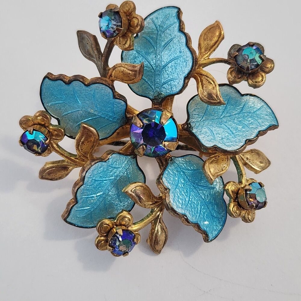 Vintage Miriam Haskell ? Style Pearl Russian Gold Enamel Blue Flower Brooch RARE